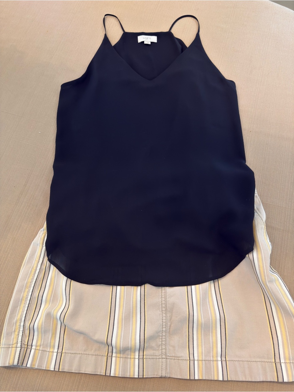 LOFT Summer Lot Black V-Neck Spaghetti Strap Camisole and striped skirt